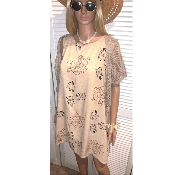 Vintage Peppermint Bay Turtle Rayon dress with net open coverup sweater Large - Picture 2 of 11